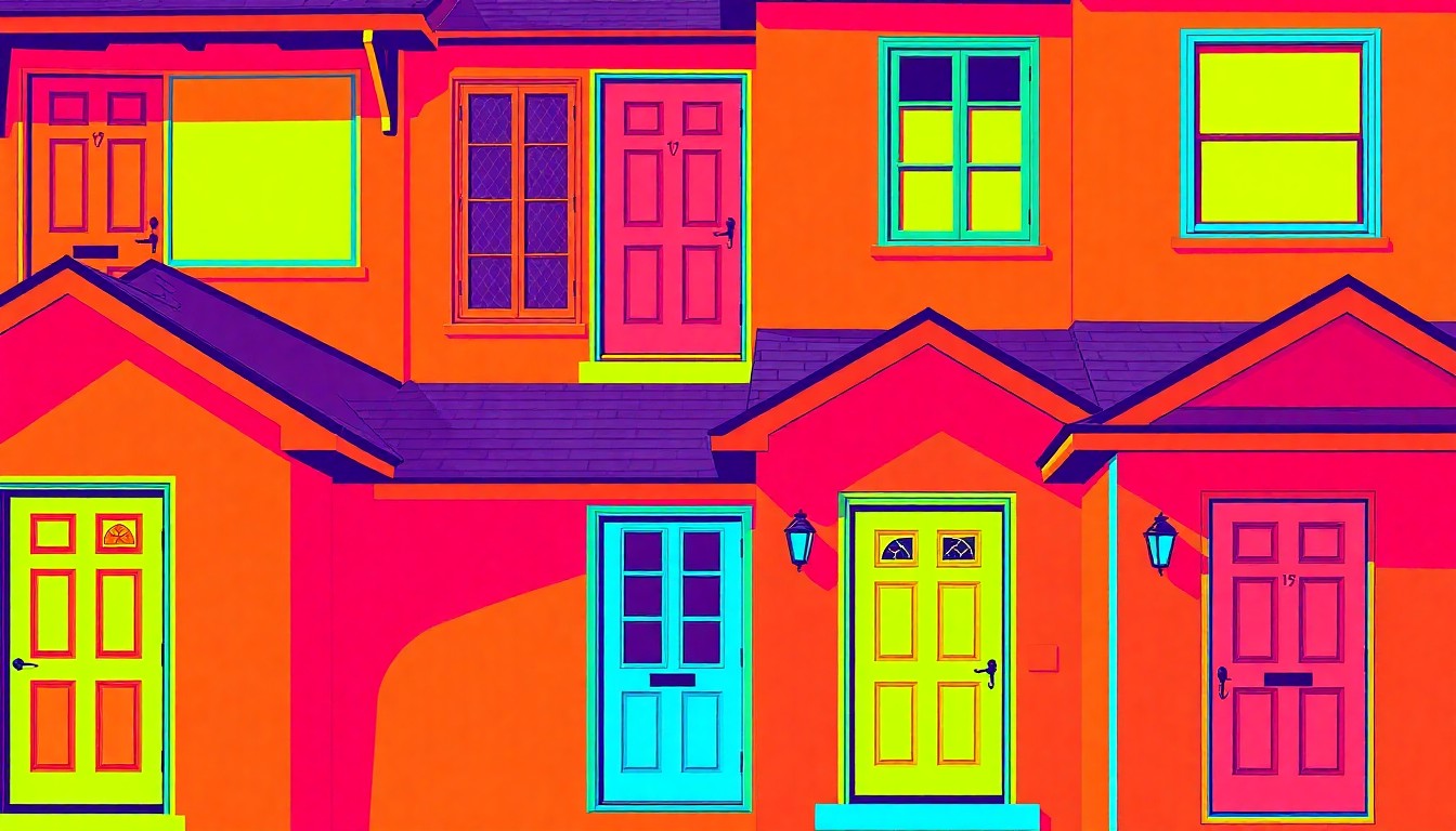 A bold, colorful silkscreen-style illustration featuring a repeating pattern of a residential home exterior element, such as a front door or window, in a grid layout with overlapping neon hues and thick black outlines, creating a modern pop art effect.