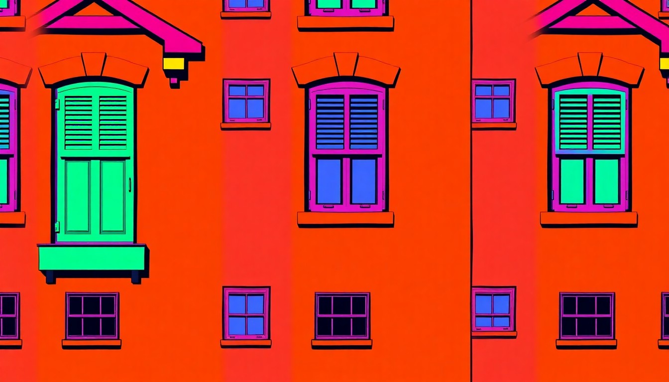 A high-contrast, silkscreen-style illustration featuring a repeated pattern of a decorative home exterior element, such as a gabled roofline or stone facade, in a bold, neon color palette.