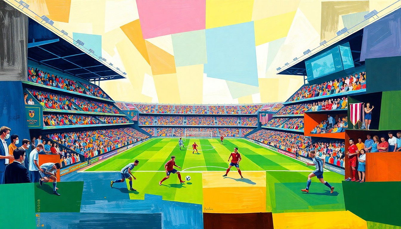 A fractured, multi-perspective painting in the cubist style, breaking down a soccer match into sharp, overlapping geometric planes of color representing the players, the field, and the stadium.