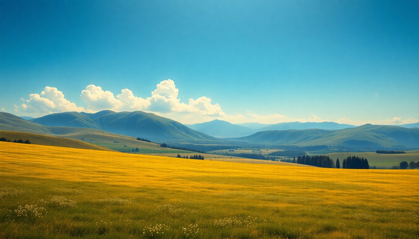 A serene landscape painting in muted tones of green, blue, and gold, conveying a sense of peace and the grandeur of the natural world.