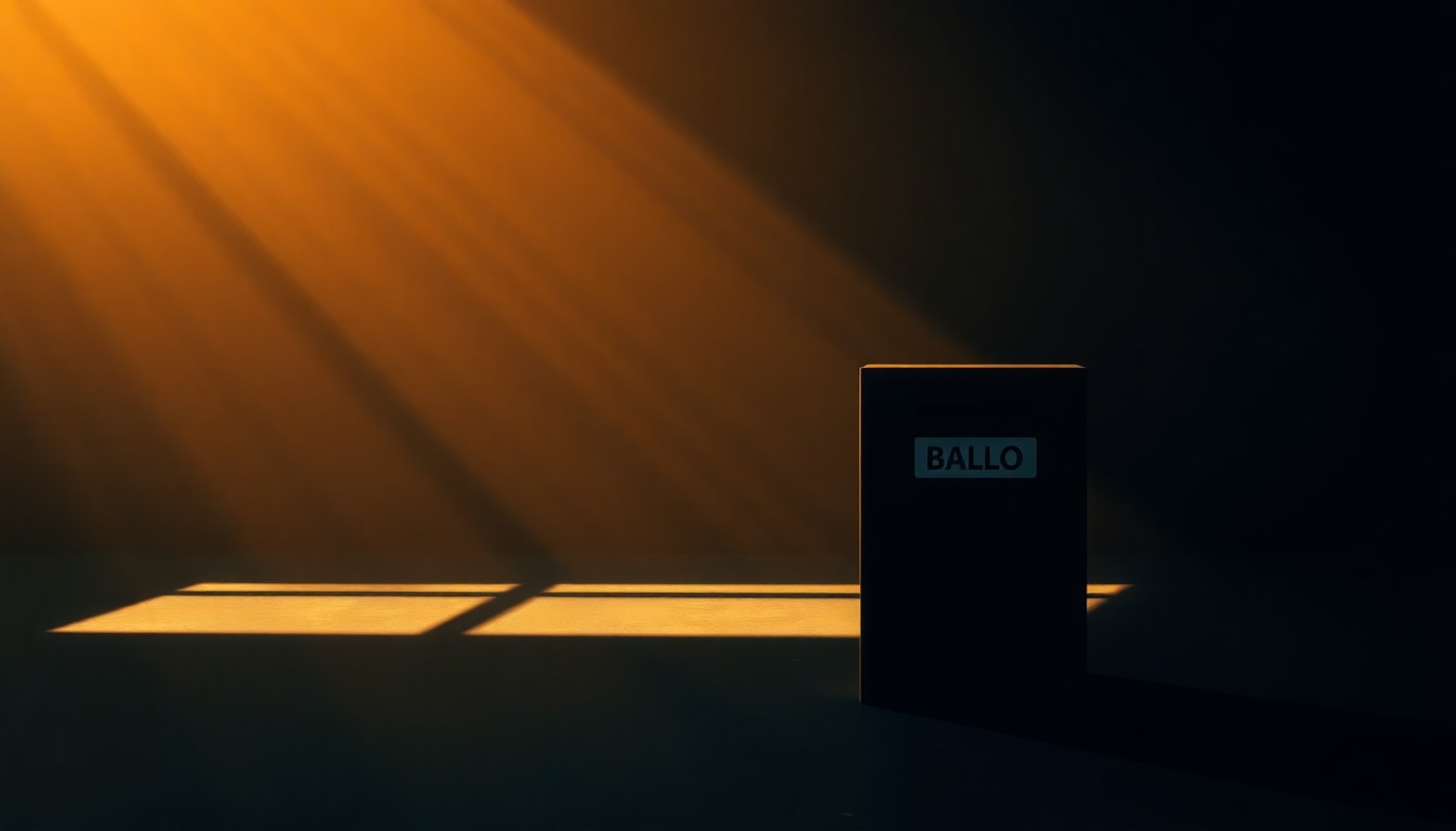 A serene, photorealistic painting of a lone ballot box sitting on a city street, its metallic surface reflecting the warm glow of the afternoon sun and casting long shadows across the pavement, conveying a sense of quiet contemplation about the democratic process.