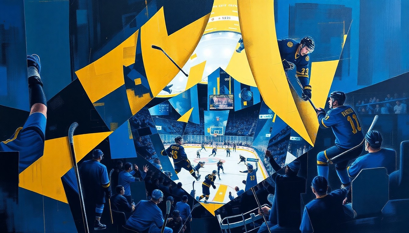 A fractured, cubist-style painting depicting the intense final minutes of the Sabres-Bruins playoff game, with sharp geometric shapes and planes of blue, gold, and black representing the action on the ice.