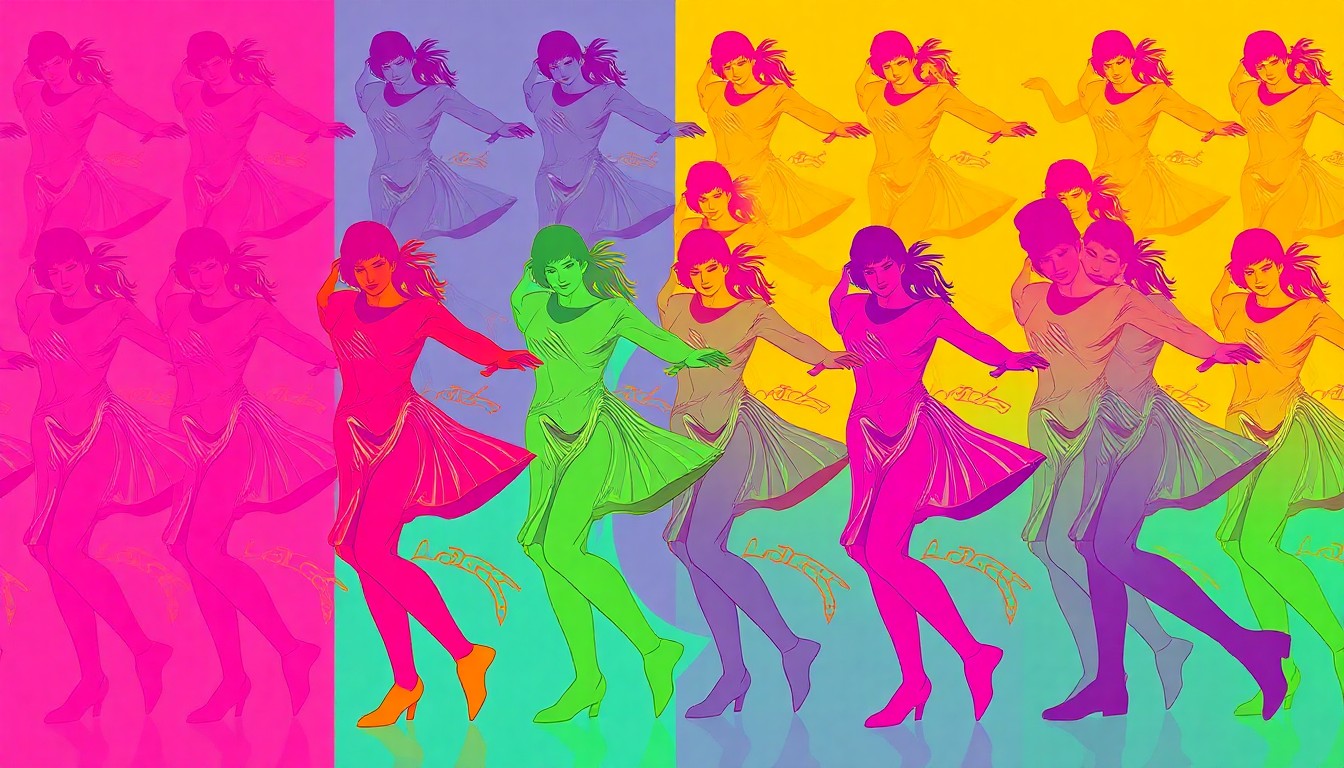 A brightly colored, high-contrast silkscreen print depicting a pair of dancers in a dynamic, fused movement pose, repeated in a tight grid pattern. The image utilizes flat, vibrant, and unnatural neon color palettes overlapping with heavy black photographic outlines, conceptually representing the energy and diversity of a community dance event.