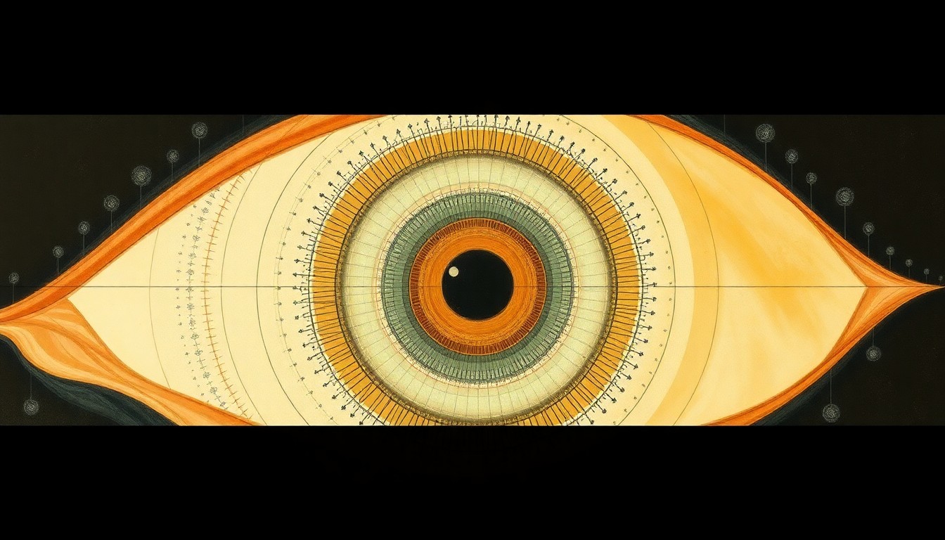 A highly textured, abstract painting in soft earth tones, featuring sweeping geometric arcs, concentric circles, and precise botanical spirals, conceptually representing the complex biological mechanisms within the human eye that are the focus of groundbreaking vision research.