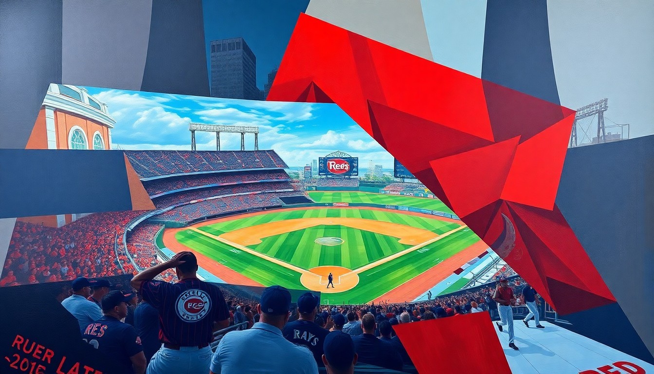A fragmented, cubist-style painting depicting the dynamic action of a baseball game, with the opposing teams' colors of red and navy blue creating a vibrant, energetic composition.