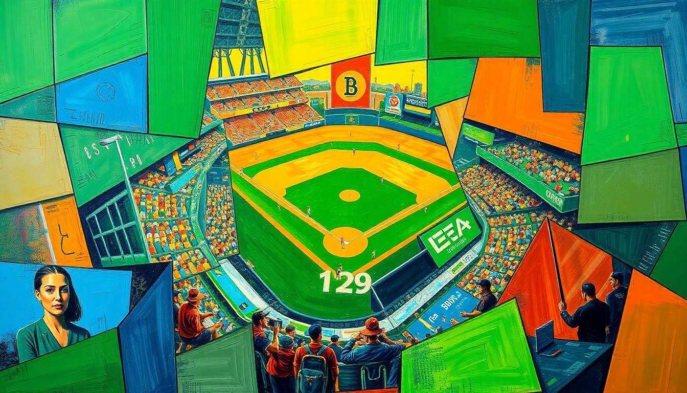 A fractured, geometric painting in vibrant colors depicting the dynamic movements and energy of a baseball game, with players and the field deconstructed into overlapping planes.