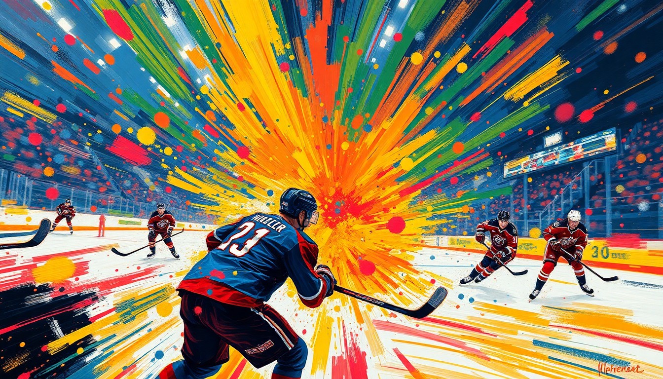 An abstract, expressionist painting in neon colors depicting the frenetic action of a professional hockey game, with players' forms blending together in a blur of movement and energy.