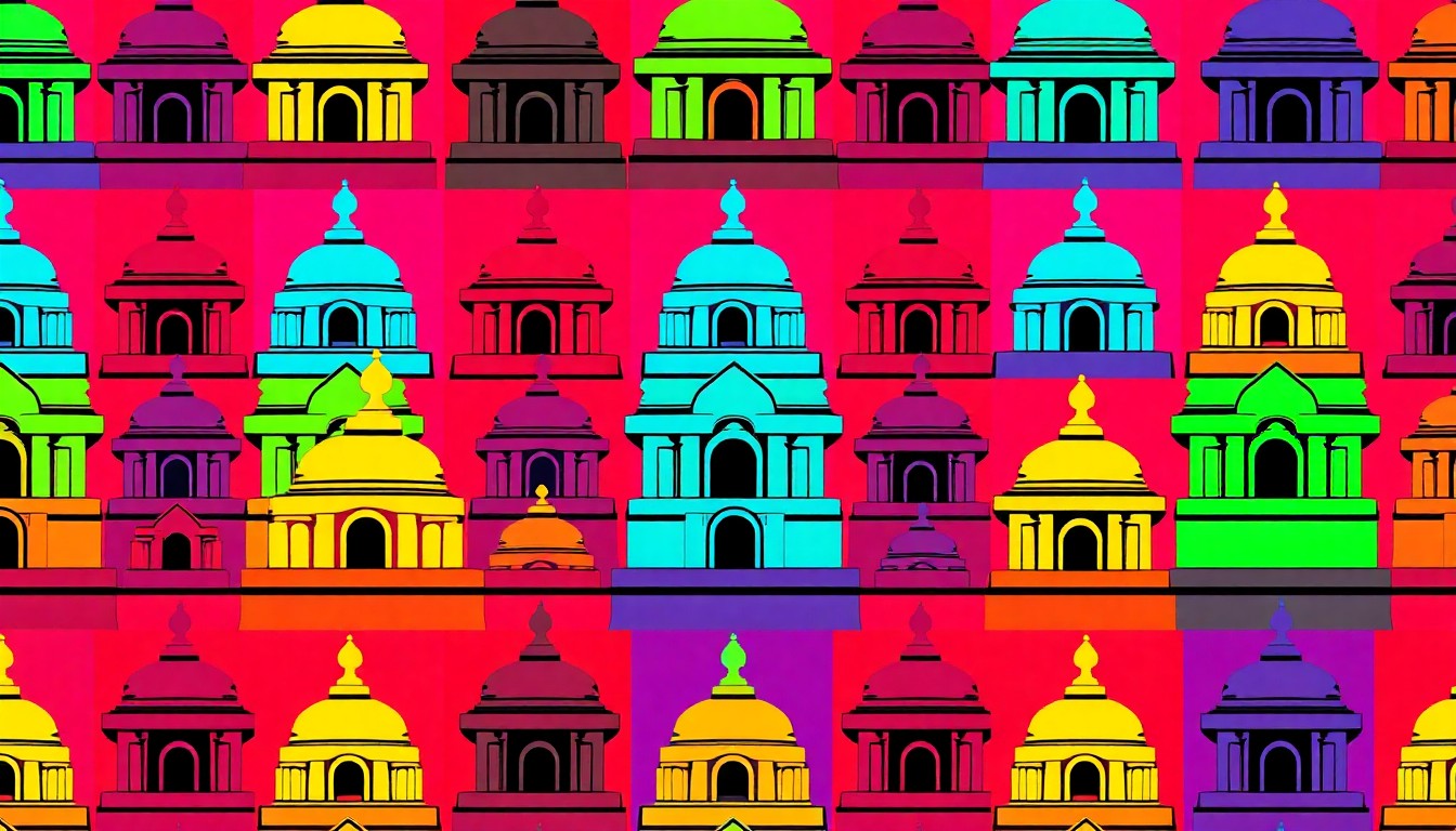 A bold, colorful silkscreen print featuring a stylized temple icon repeated in a grid pattern, capturing the celebratory energy of a new house of worship for the Latter-day Saint community.