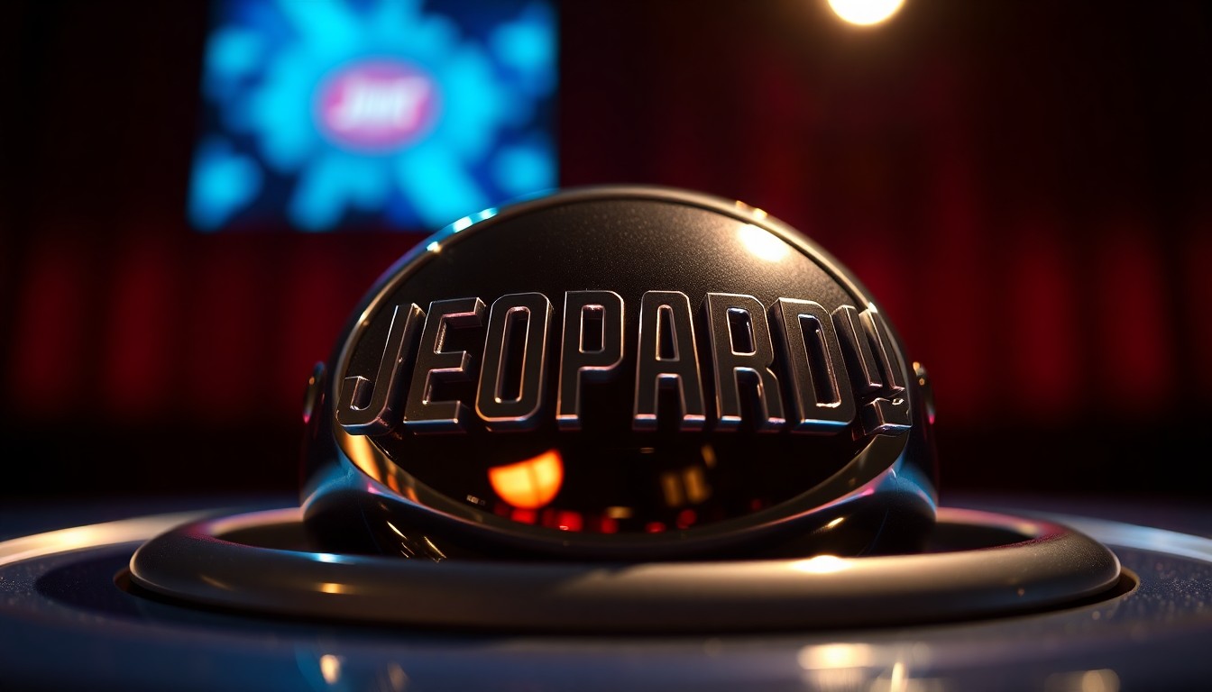 An extreme close-up photograph of a shiny, reflective Jeopardy! game show buzzer, capturing the high-stakes tension and glamour of the iconic quiz show through dramatic studio lighting and an abstract, textural composition.