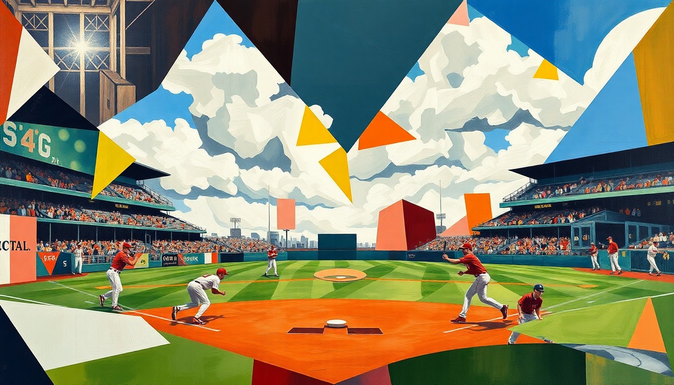A fractured, geometric painting depicting the movements and action of a college baseball game, with players and the field broken down into overlapping planes of color and abstract shapes.