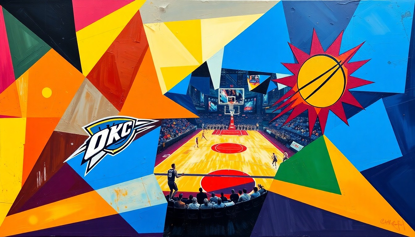 A cubist, geometric painting depicting the high-energy action of an NBA playoff game between the Thunder and Suns, with sharp, overlapping planes of bright orange, blue, and green colors representing the players and movement on the court.