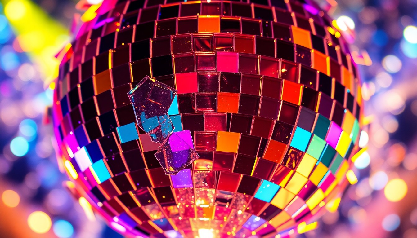 An abstract close-up photograph of shattered, glittering disco ball glass fragments reflecting colorful stage lighting, conveying the glamour and energy of a major music release.