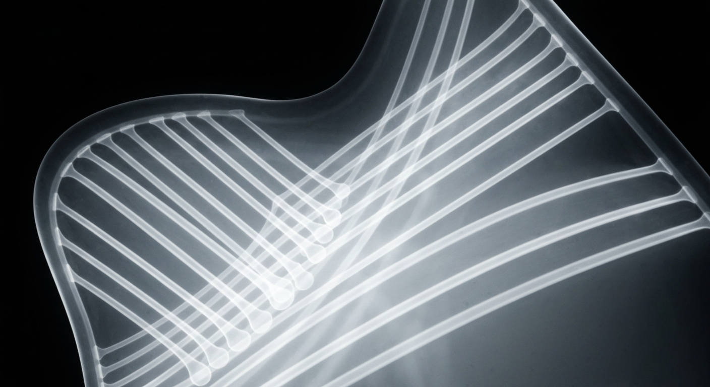 A translucent X-ray-style image revealing the internal structure of a surgical warming pad, with glowing, ghostly lines against a dark background, conceptually illustrating the medical technology's internal workings.