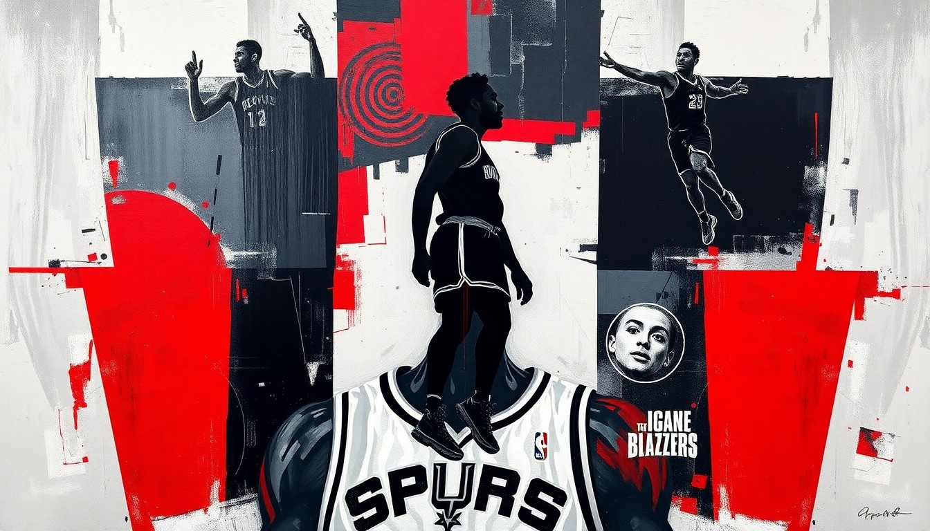 A cubist, geometric painting depicting the dynamic action of Victor Wembanyama's playoff debut, with fragmented, overlapping shapes and planes of color representing the player's dominant scoring and defensive presence on the court.