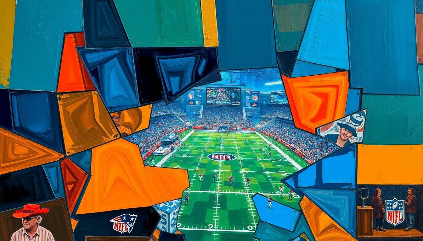 A cubist, geometric painting depicting fragmented football players and draft prospects, conveying the complex decisions facing the Giants' front office.