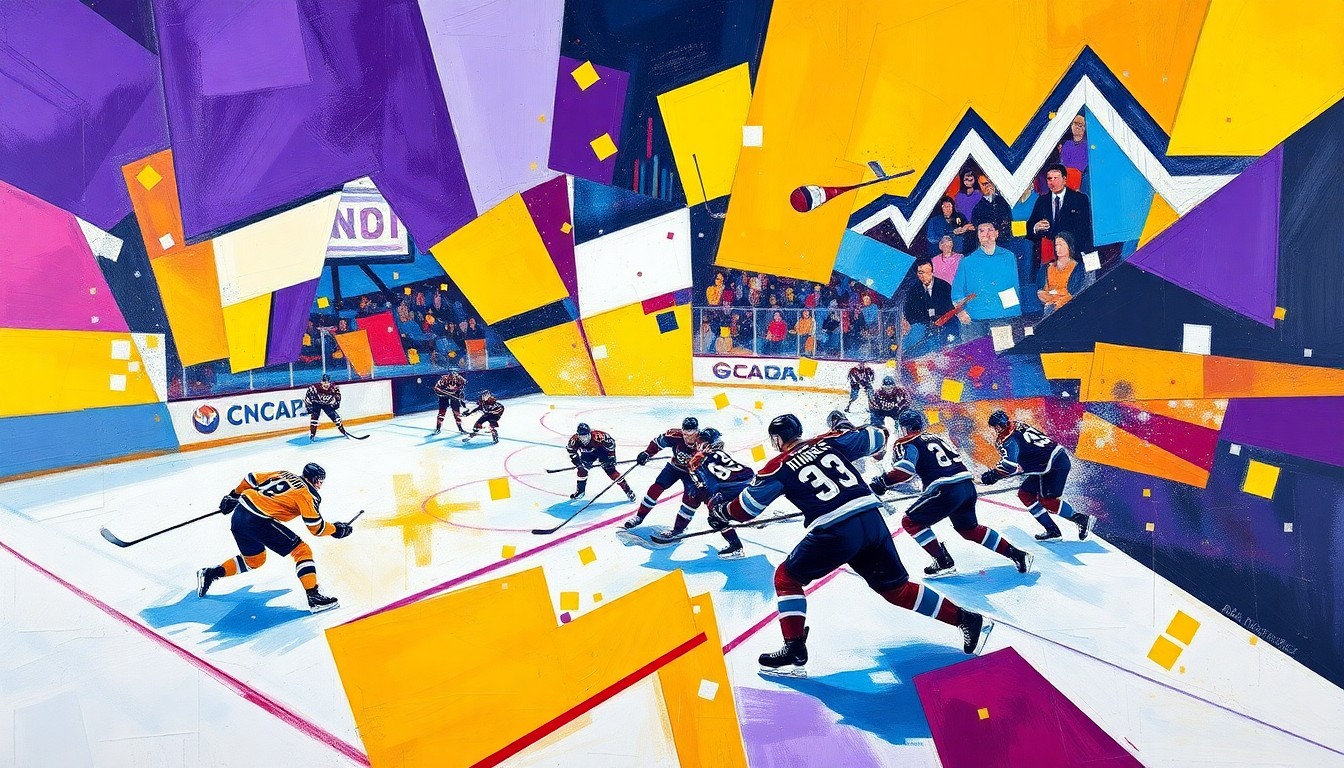 A cubist, geometric painting depicting a hockey game between the Los Angeles Kings and Colorado Avalanche, with sharp, overlapping planes of color representing the intense, physical battle on the ice.