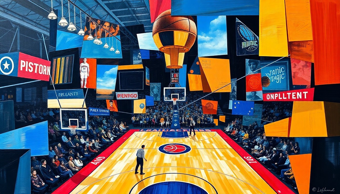 A fragmented, geometric painting depicting a basketball game with overlapping shapes and planes, capturing the dynamic energy of the Pistons-Magic playoff matchup.