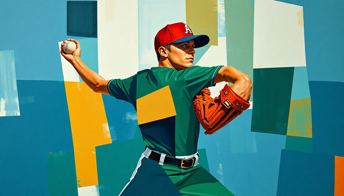 A cubist, geometric illustration depicting the motion of a baseball pitcher's windup and delivery, with sharp, overlapping planes in navy, green, and orange hues.