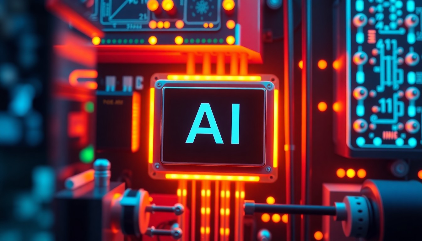 A highly detailed, 3D macro illustration of glowing, neon-lit AI hardware and infrastructure components, representing the shift of AI from software to critical public and institutional infrastructure.