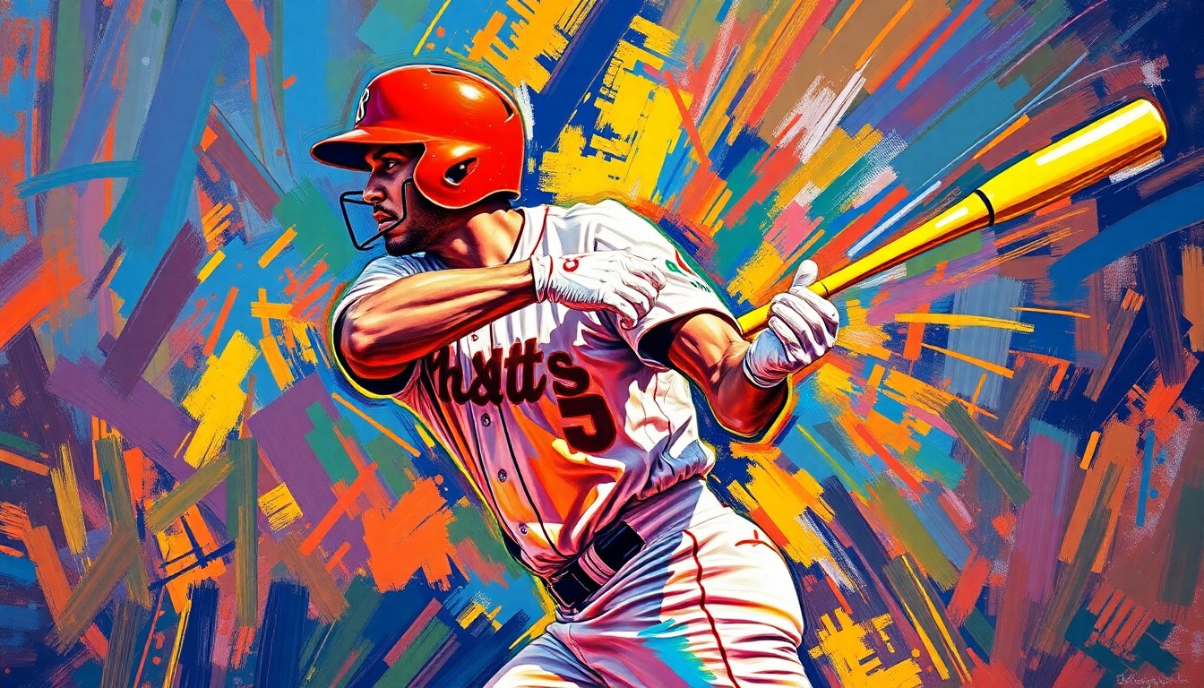 An extreme close-up of Shea Langeliers' batting stance, rendered in a vibrant, expressionist style with rapid brushstrokes and neon colors that capture the raw energy and motion of the moment.