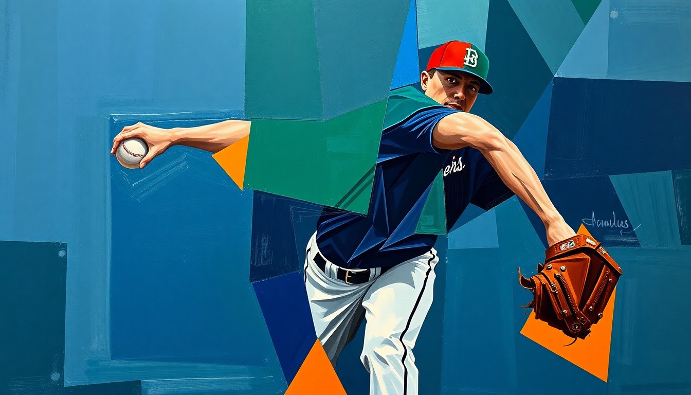 A fragmented, geometric painting depicting the motion of a baseball pitcher, with sharp planes of navy, green, and orange colors creating a dynamic, deconstructed visual.