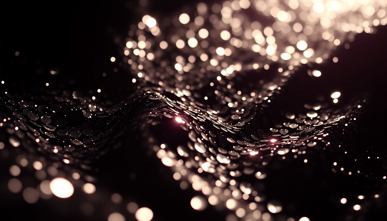 An extreme close-up of shimmering black sequins captured in dramatic, high-contrast studio lighting, conceptually representing the luxurious glamour of celebrity fashion.