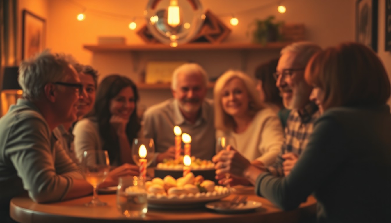 An abstract, out-of-focus photograph in soft, warm tones depicting a group of people gathered in a cozy setting, celebrating a milestone birthday with a sense of community and reflection.