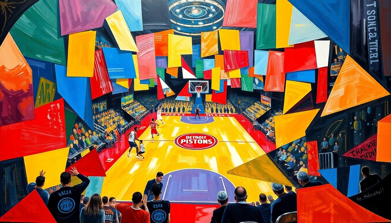 A cubist-style painting depicting a basketball game, with the court and players broken down into overlapping geometric shapes in bright, expressive colors, conveying the energy and dynamics of the matchup between the Magic and Pistons.