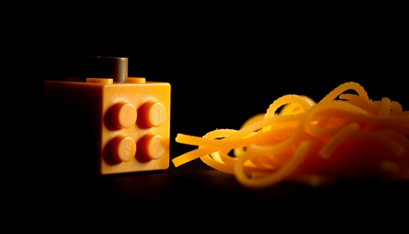 An extreme close-up of a Lego piece and a piece of dried pasta, highlighting their similar textures and shapes under harsh, dramatic lighting, conceptually illustrating the creative theft scheme.