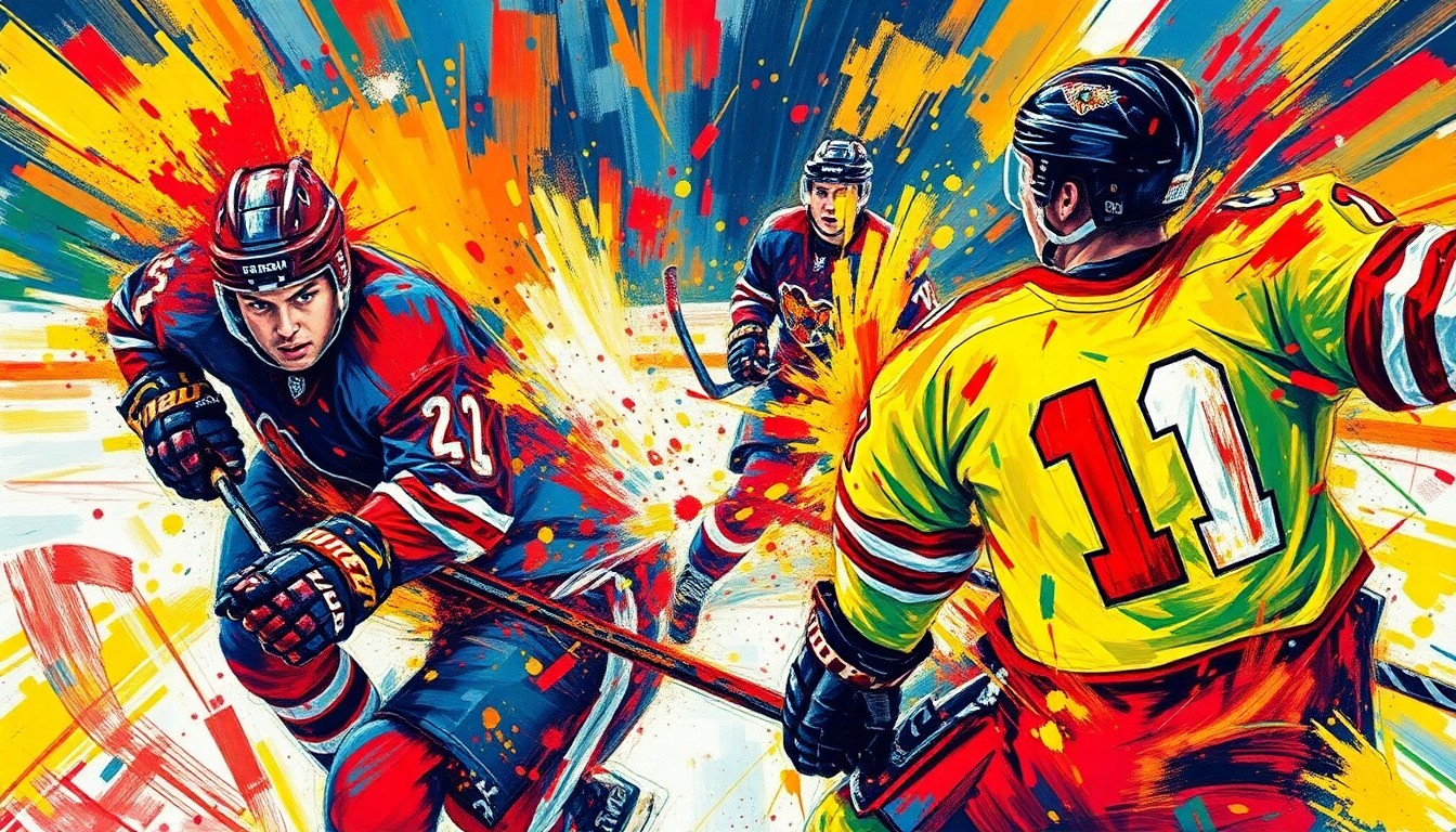 An abstract, expressionist painting in neon colors depicting the intense action and energy of a hockey game, with players' forms and movements blending together in a dynamic, almost chaotic composition.
