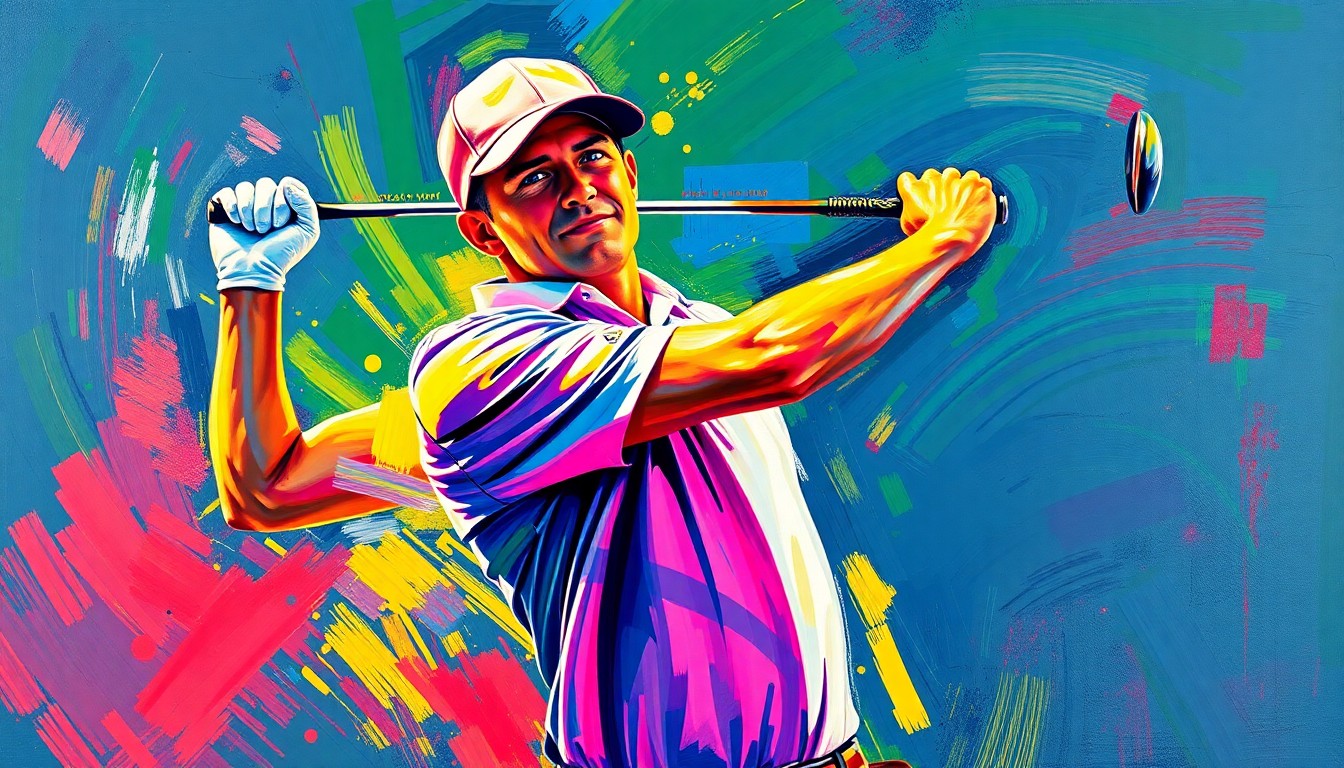 An abstract, energetic painting in bright neon colors depicting the dynamic motion of a professional golfer's golf swing, conveying the raw athleticism and excitement of the sport.