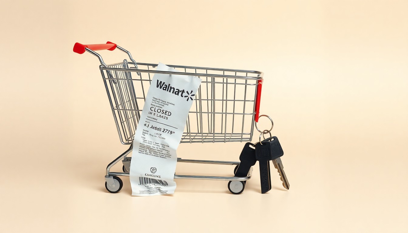 A minimalist studio still life photograph featuring a closed Walmart shopping cart, a crumpled receipt, and a set of car keys, symbolizing the impact of retail closures on local communities.