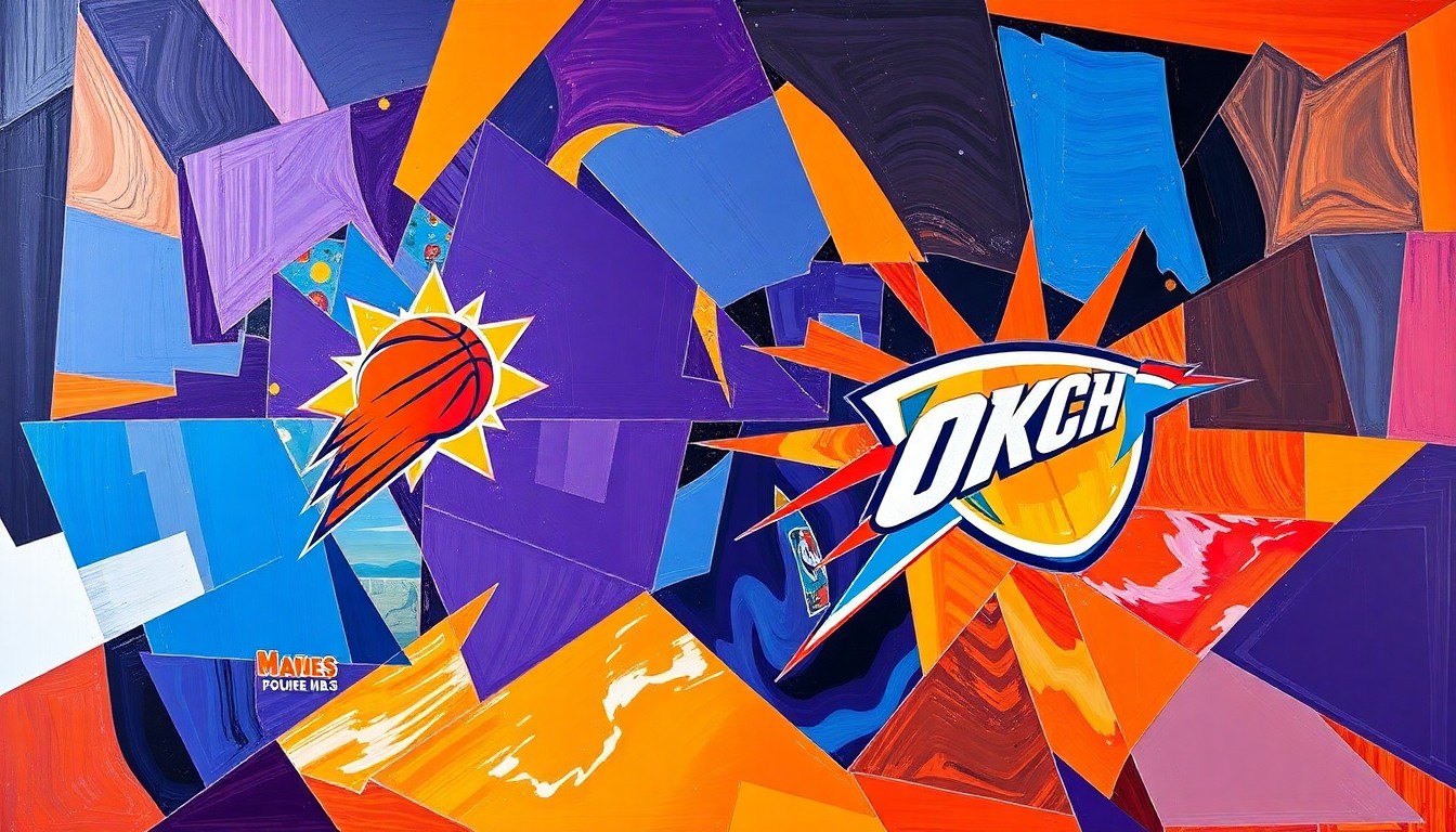 A fractured, geometric painting depicting a basketball game between two teams, with sharp planes of color and overlapping shapes representing the action on the court.