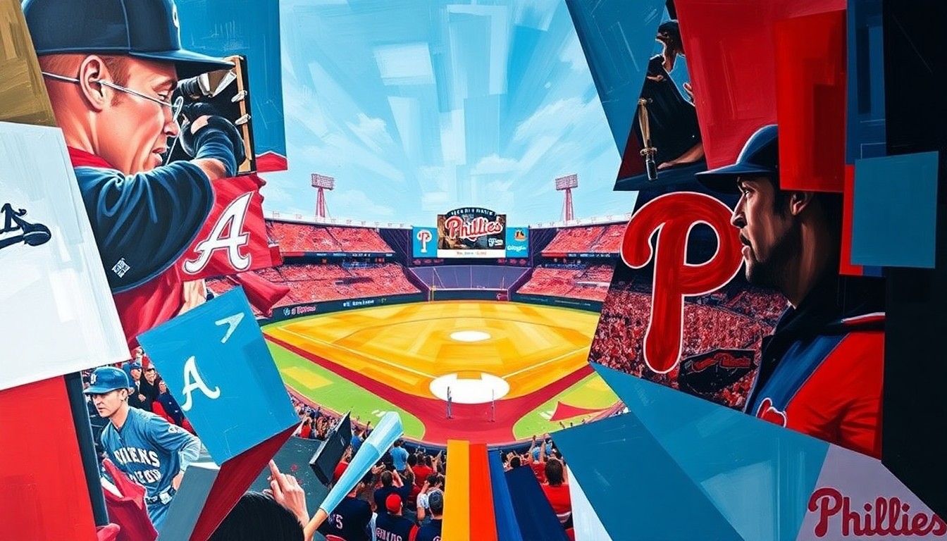 A fractured, multi-perspective painting in bold, clashing colors that breaks down a baseball game between the Atlanta Braves and Philadelphia Phillies into sharp, overlapping geometric shapes, conceptually representing the intensity of their divisional rivalry.