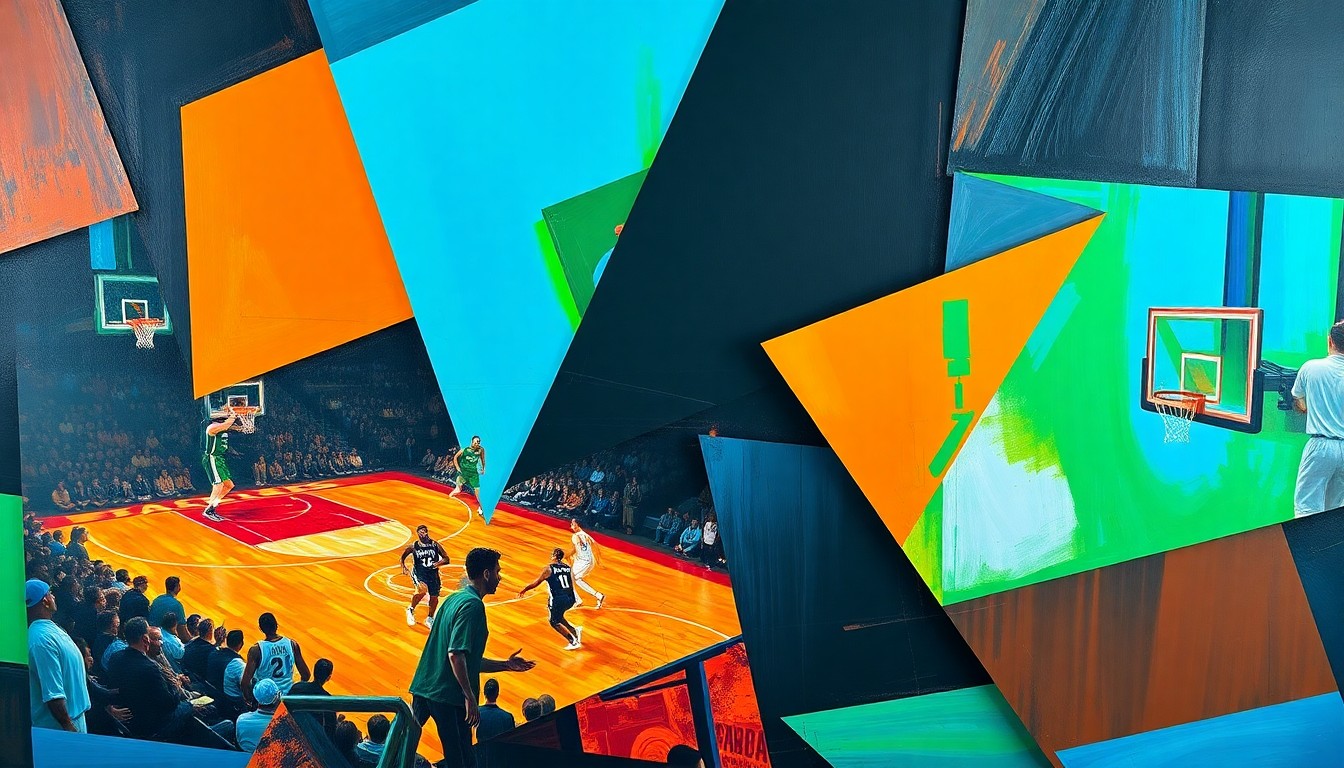 A fractured, cubist-style painting depicting the dynamic movements and energy of a basketball game, with sharp geometric shapes and planes in vibrant colors like orange, blue, and green.