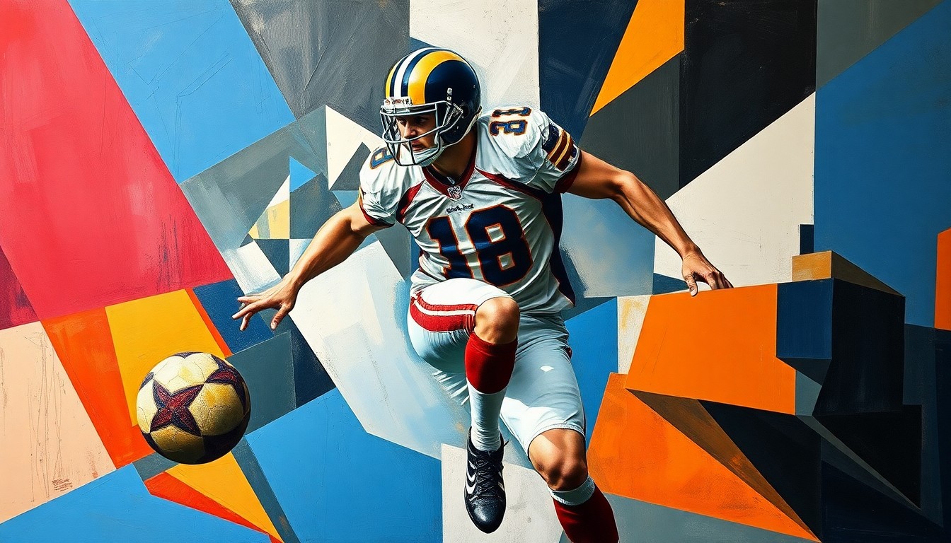 A fragmented, cubist-style painting depicting a football player in motion, with sharp, overlapping geometric shapes in shades of blue, green, and brown, conveying the complex dynamics of a major NFL trade.