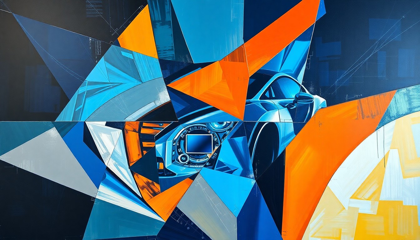 A fragmented, geometric painting in bold, vibrant colors representing the multifaceted nature of data science and its impact on the automotive industry.