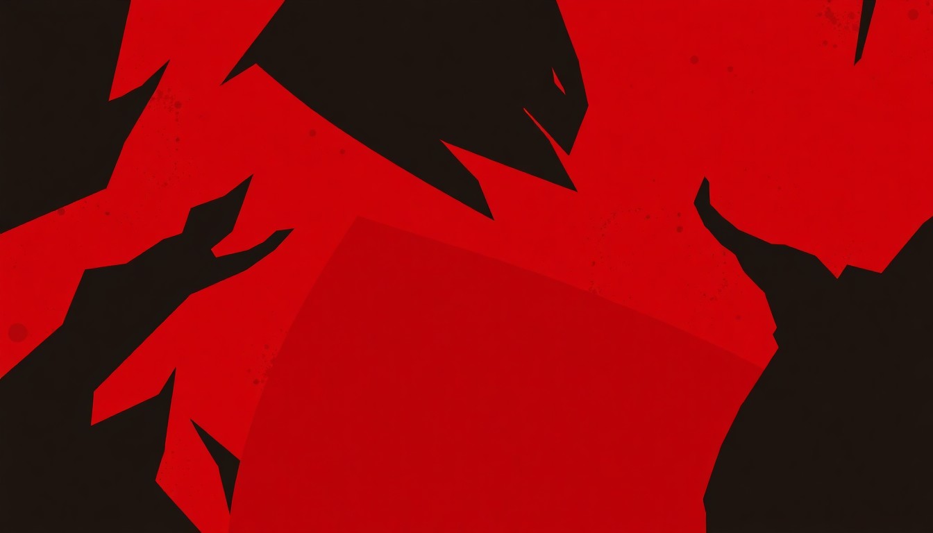 An abstract, minimalist illustration featuring bold, angular shapes in shades of red, orange, and black, conveying the vibrant energy and movement of traditional Garba dancing.