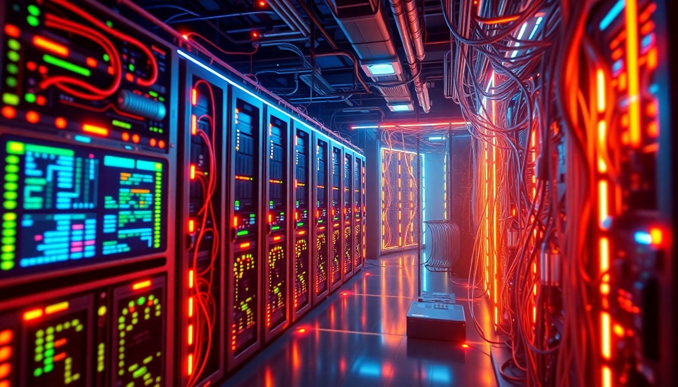 A highly detailed, glowing 3D illustration of a futuristic, neon-lit data center or server room, conveying the power and complexity of modern data processing and information management.