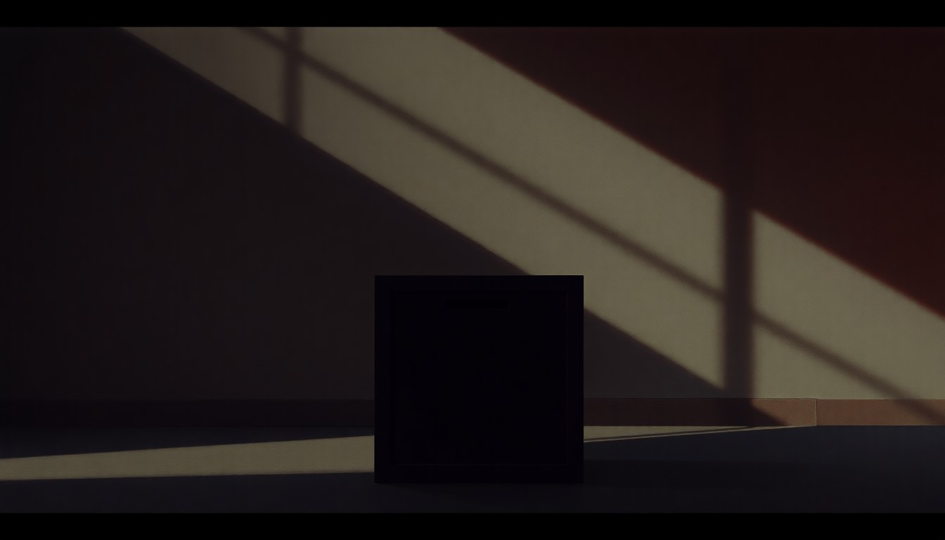 A serene, cinematic painting of a lone ballot box sitting on a street corner, its surface reflecting the warm, golden light of the sun and casting deep, moody shadows across the pavement, evoking a sense of quiet contemplation about the democratic process.