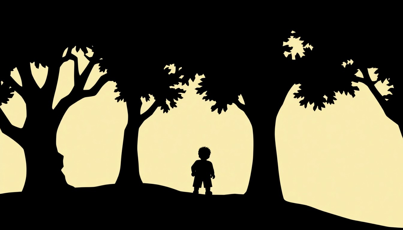 A striking abstract composition featuring bold, jagged shapes and silhouettes in high-contrast colors, conceptually representing the creative energy and collaborative storytelling of the Brookhaven Roblox game.