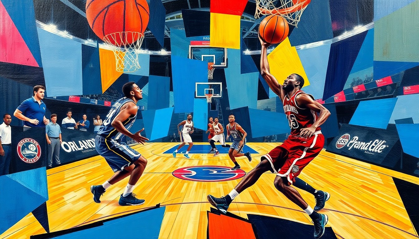 A cubist, geometric painting depicting the dynamic action of a basketball game between the Orlando Magic and Detroit Pistons, with the players' forms broken down into abstract shapes and planes of color.