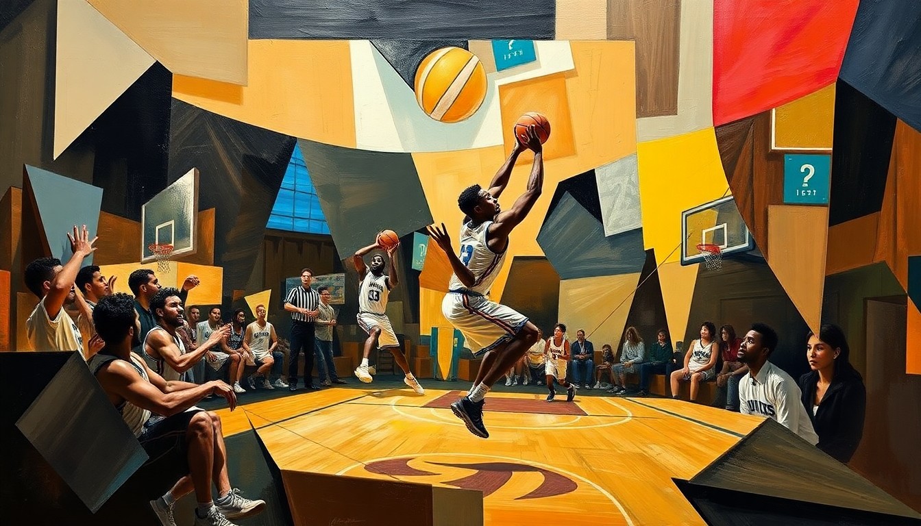 A cubist-style painting depicting a basketball game, with the players and court broken down into sharp, overlapping geometric shapes in a vibrant color palette, capturing the dynamic and multifaceted nature of Jaden McDaniels' play.