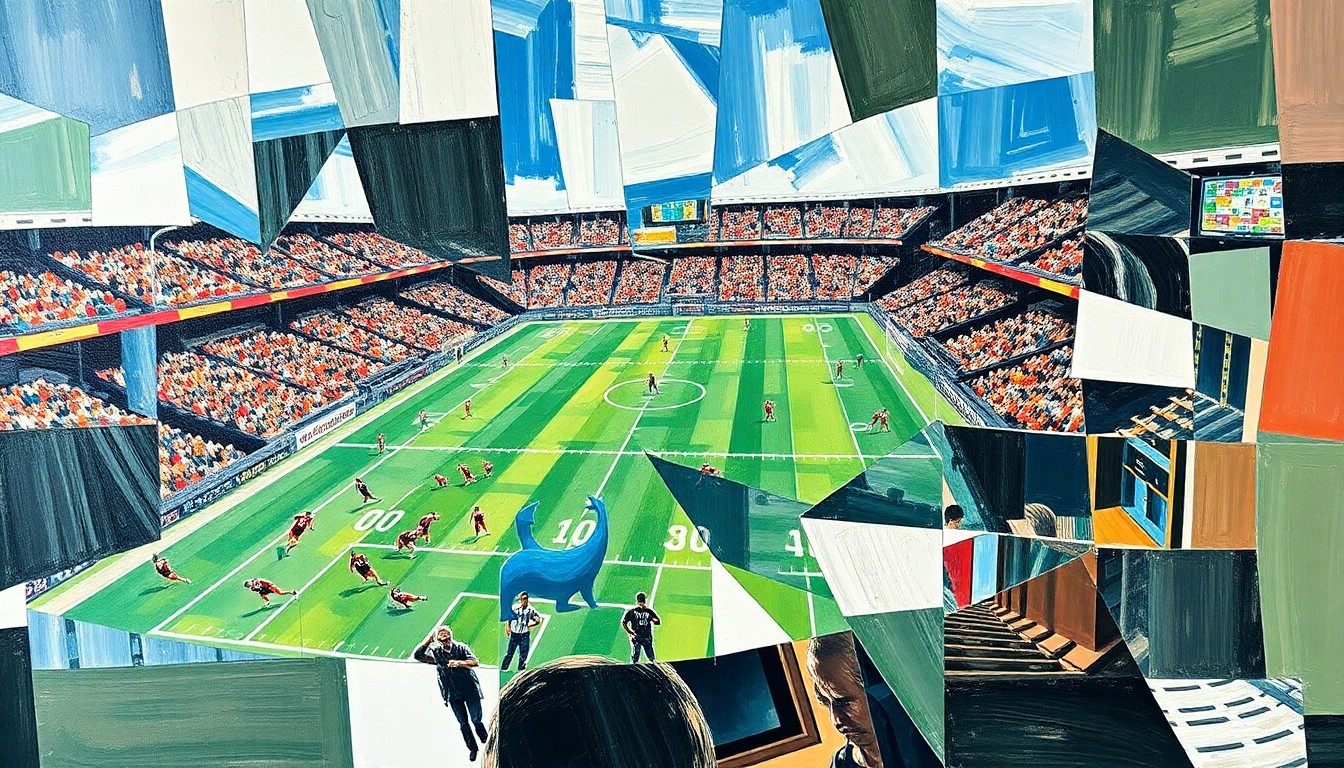 A fragmented, geometric painting depicting the dynamic movements and tactical elements of a football game or match, rendered in Picasso's signature cubist style.