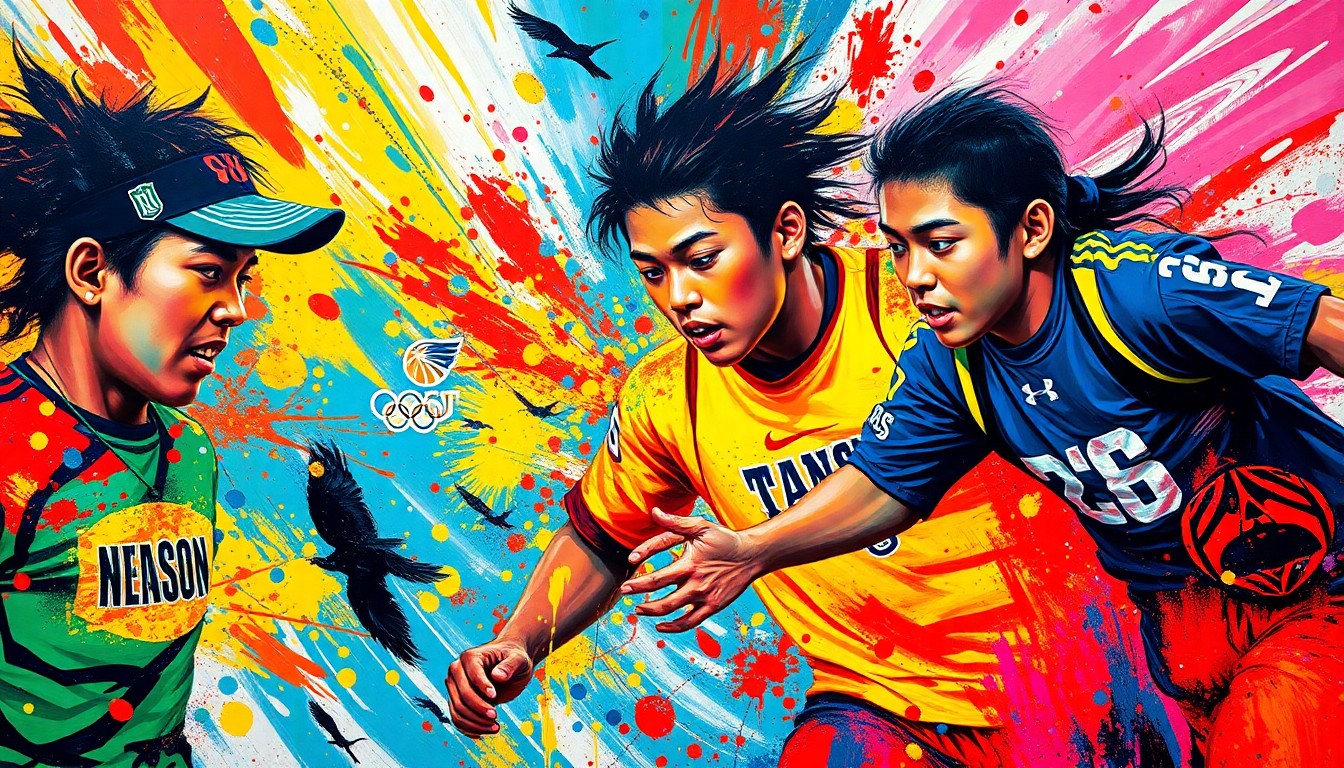 An abstract expressionist painting in neon colors depicting the dynamic movements and energy of traditional Alaskan sporting events, with faces and logos dissolving into textured brushstrokes.