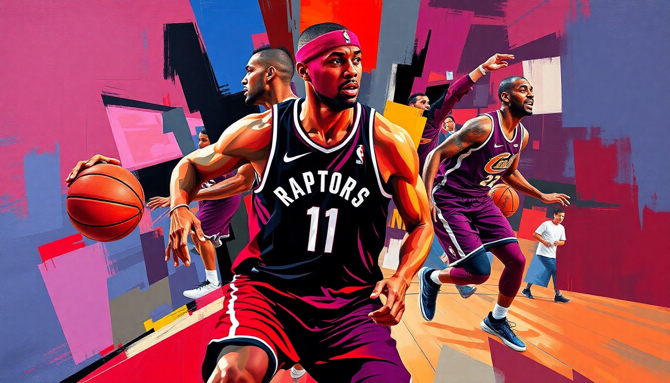 A fractured, multi-perspective painting depicting the dynamic movements of a basketball player, with sharp geometric planes in vibrant team colors representing the Raptors and Cavaliers.