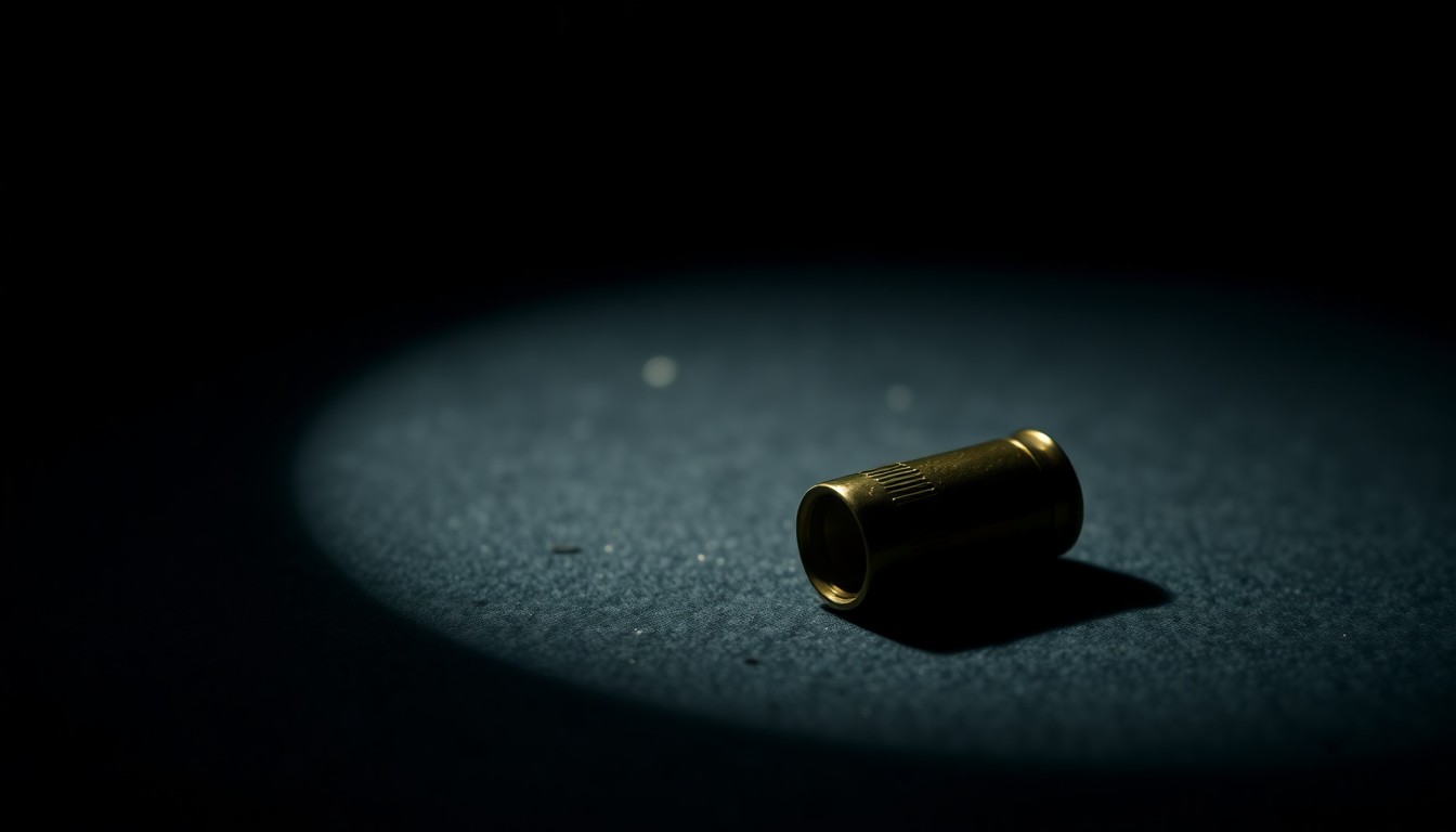 An extreme close-up of a single spent shell casing on a dark surface, creating a stark, gritty visual that conceptually represents the aftermath of a shooting incident.
