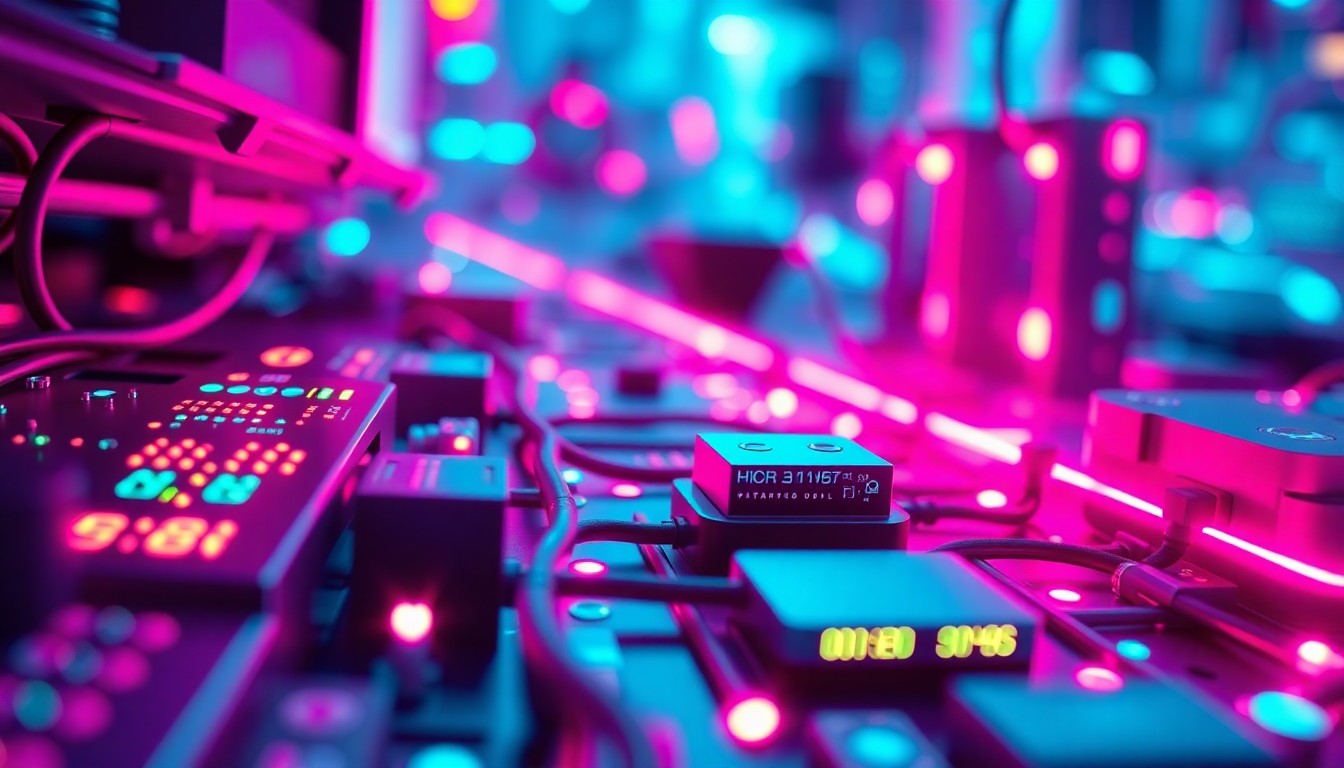 A highly detailed, glowing 3D illustration of various interconnected tech components, such as circuit boards, cables, and sensors, bathed in a vibrant neon cyan and magenta color palette, conceptually representing the complex intersection of software, hardware, and policy in the digital age.