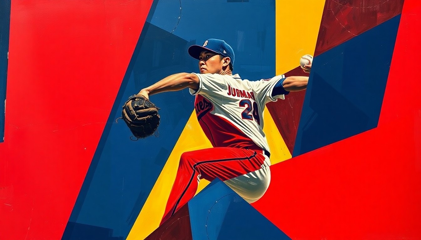 A cubist, geometric painting depicting Roki Sasaki's pitching motion broken down into sharp, overlapping planes of navy, crimson, and gold, conceptually representing the challenges he faces in adapting his pitch mix to the major league level.