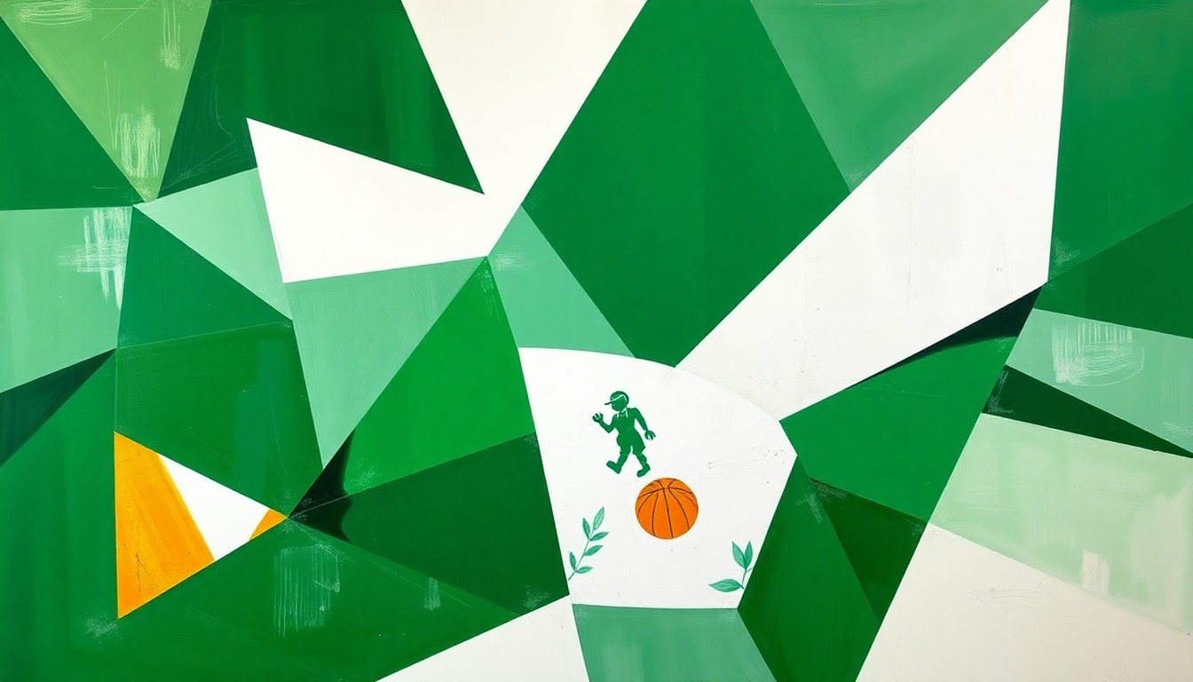 A cubist, geometric painting depicting a Celtics basketball game, with sharp, overlapping planes of green, white, and gold representing the dynamic action on the court.